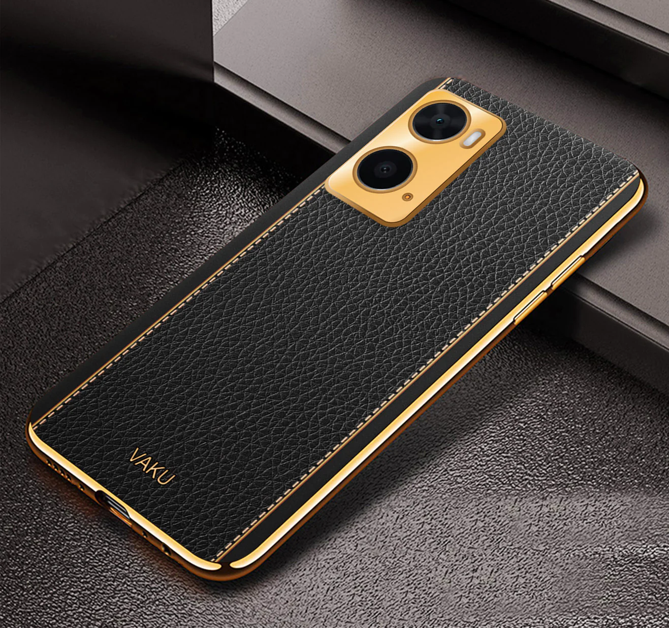 Vaku® Oppo A76 Luxemberg Series Leather Stitched Gold Electroplated Soft TPU Back Cover - Image 7