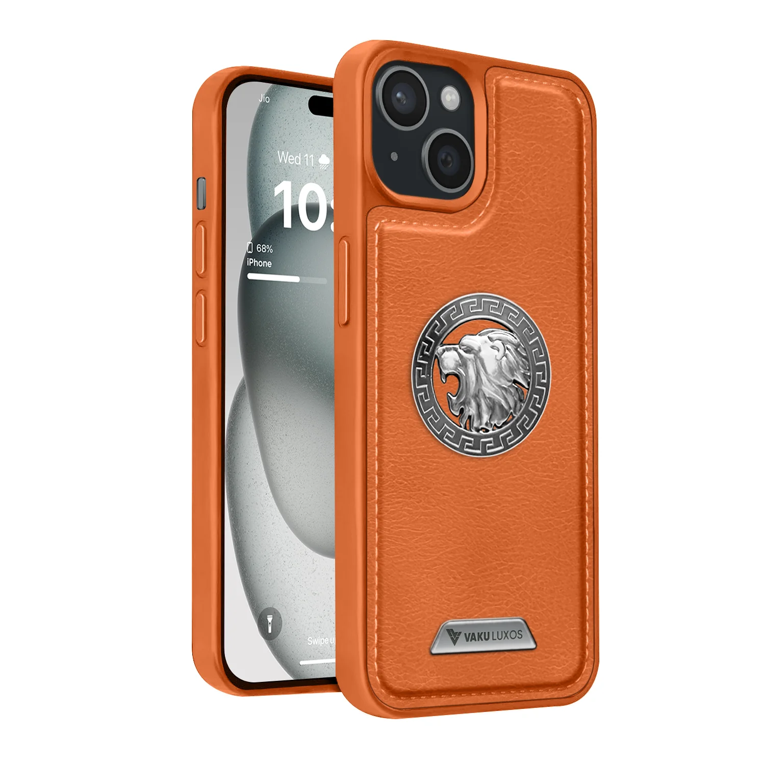 Vaku ® Apple iPhone 15 Plus Regal Shield Metal Lion Engraved Leather Back Cover