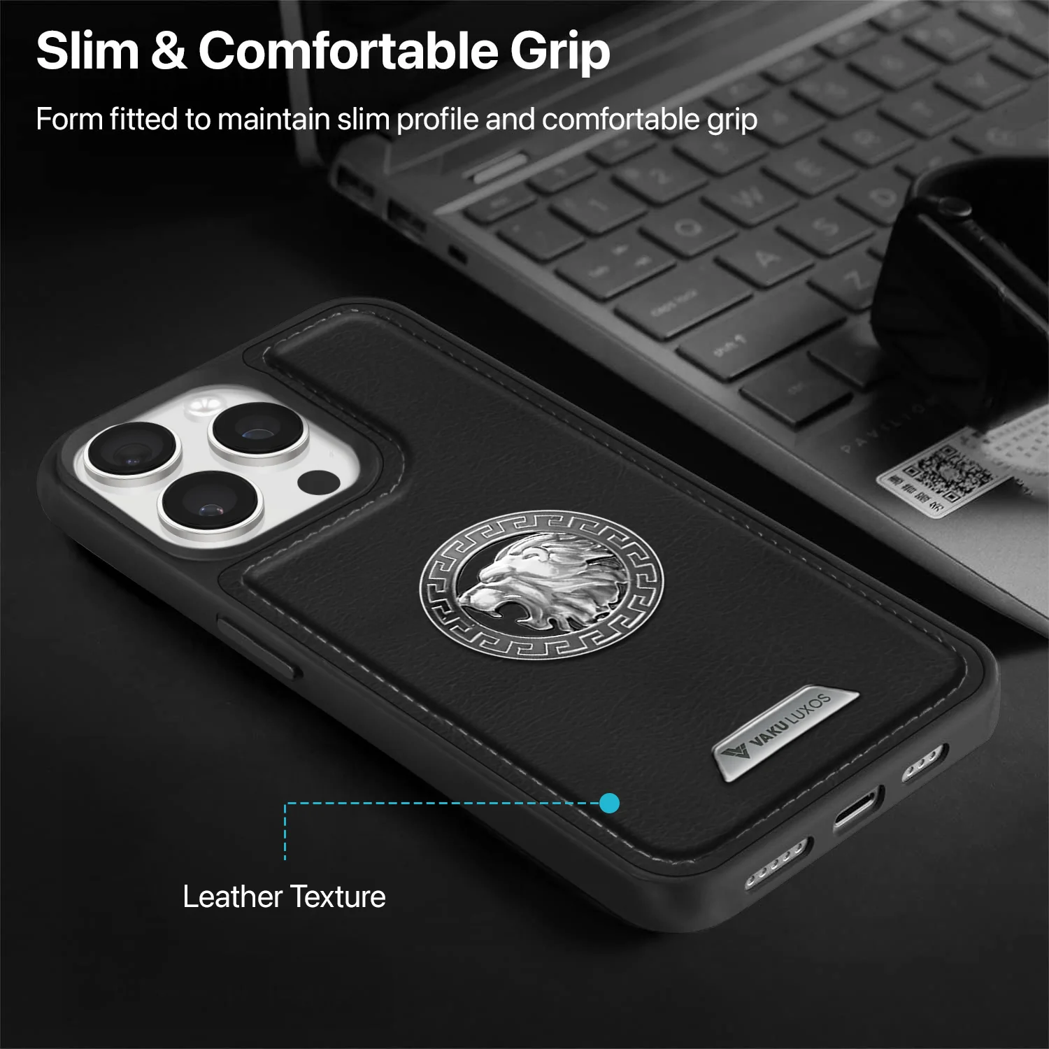 Vaku ® Apple iPhone 15 Pro Max Regal Shield Metal Lion Engraved Leather Back Cover - Image 6