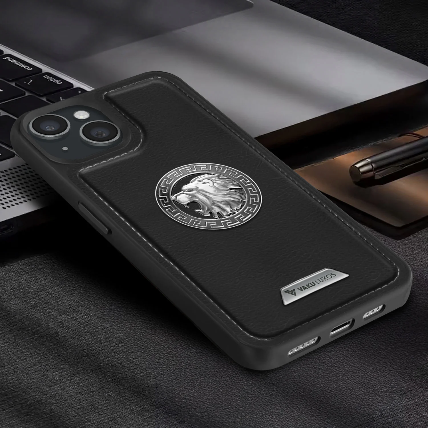 Vaku ® Apple iPhone 15 Regal Shield Metal Lion Engraved Leather Back Cover - Image 12