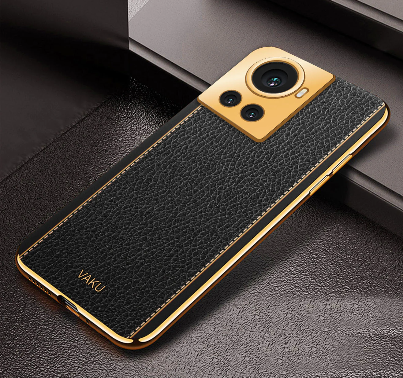 VakuĀ® OnePlus 10R Luxemberg Series Leather Stitched Gold Electroplated Soft TPU Back Cover - Image 4