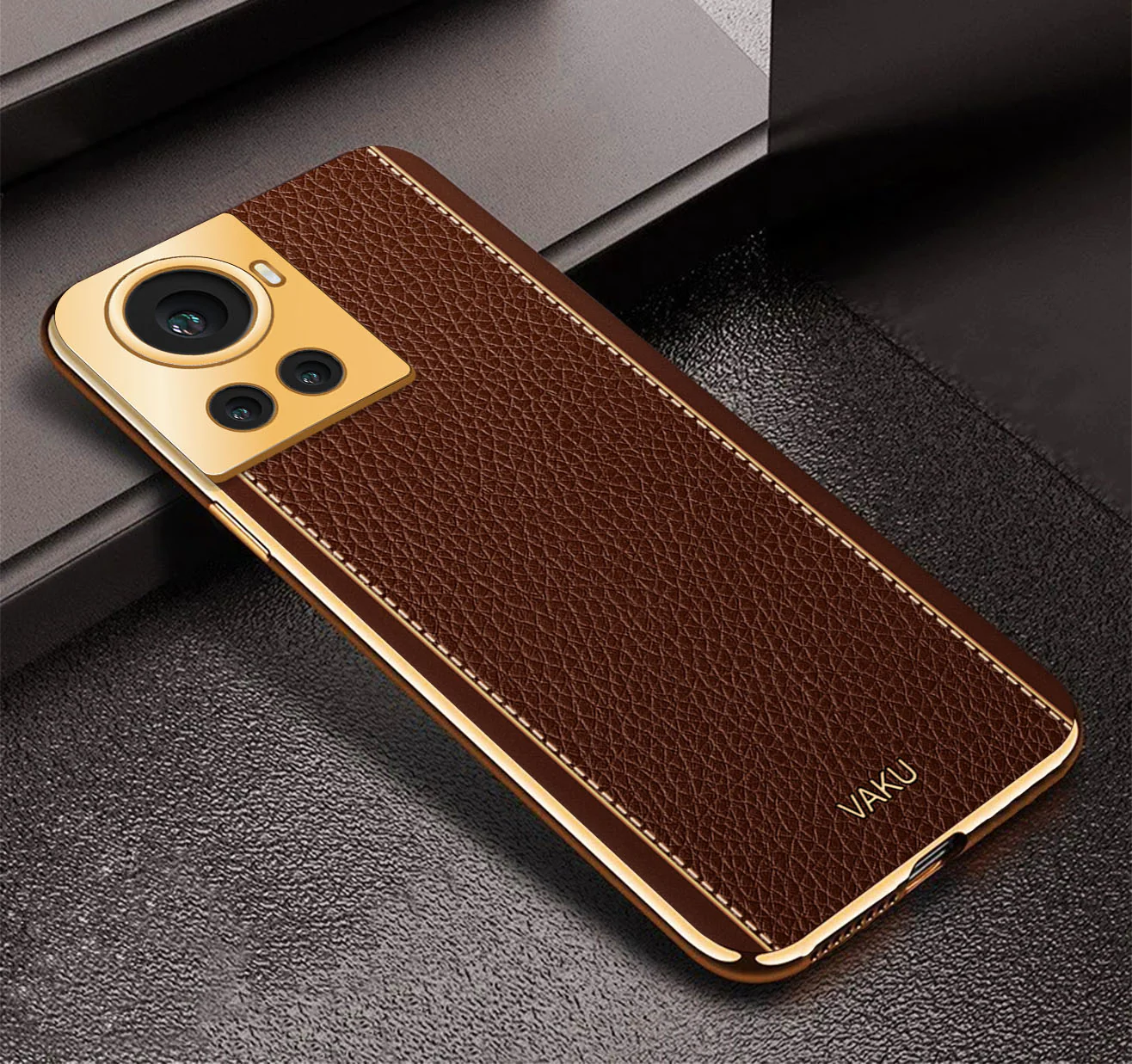 VakuĀ® OnePlus 10R Luxemberg Series Leather Stitched Gold Electroplated Soft TPU Back Cover - Image 9