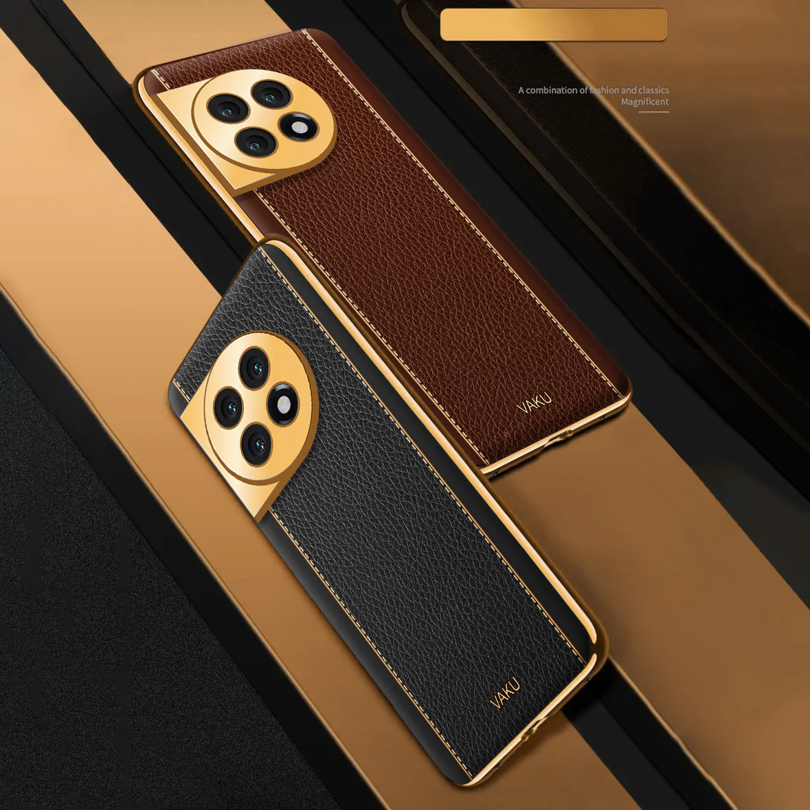 Vaku ® OnePlus 11 Luxemberg Series Leather Stitched Gold Electroplated Soft TPU Back Cover - Image 13