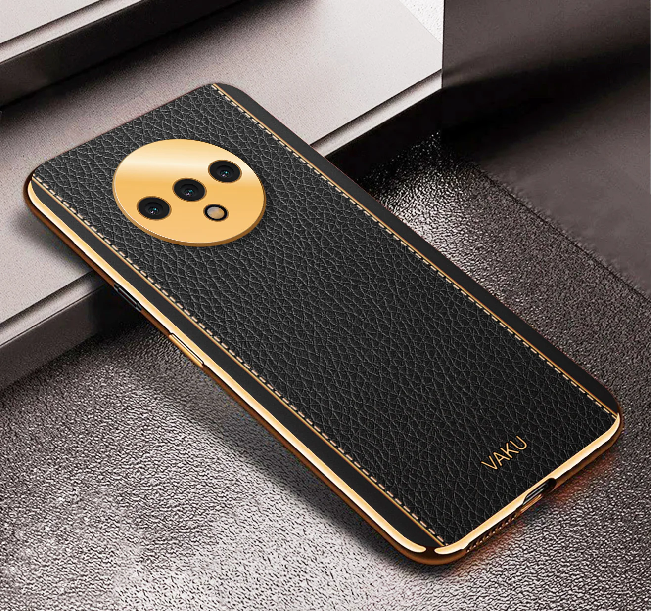 VakuĀ® Oneplus 7T Luxemberg Leather Stitched Gold Electroplated Soft TPU Back Cover - Image 14