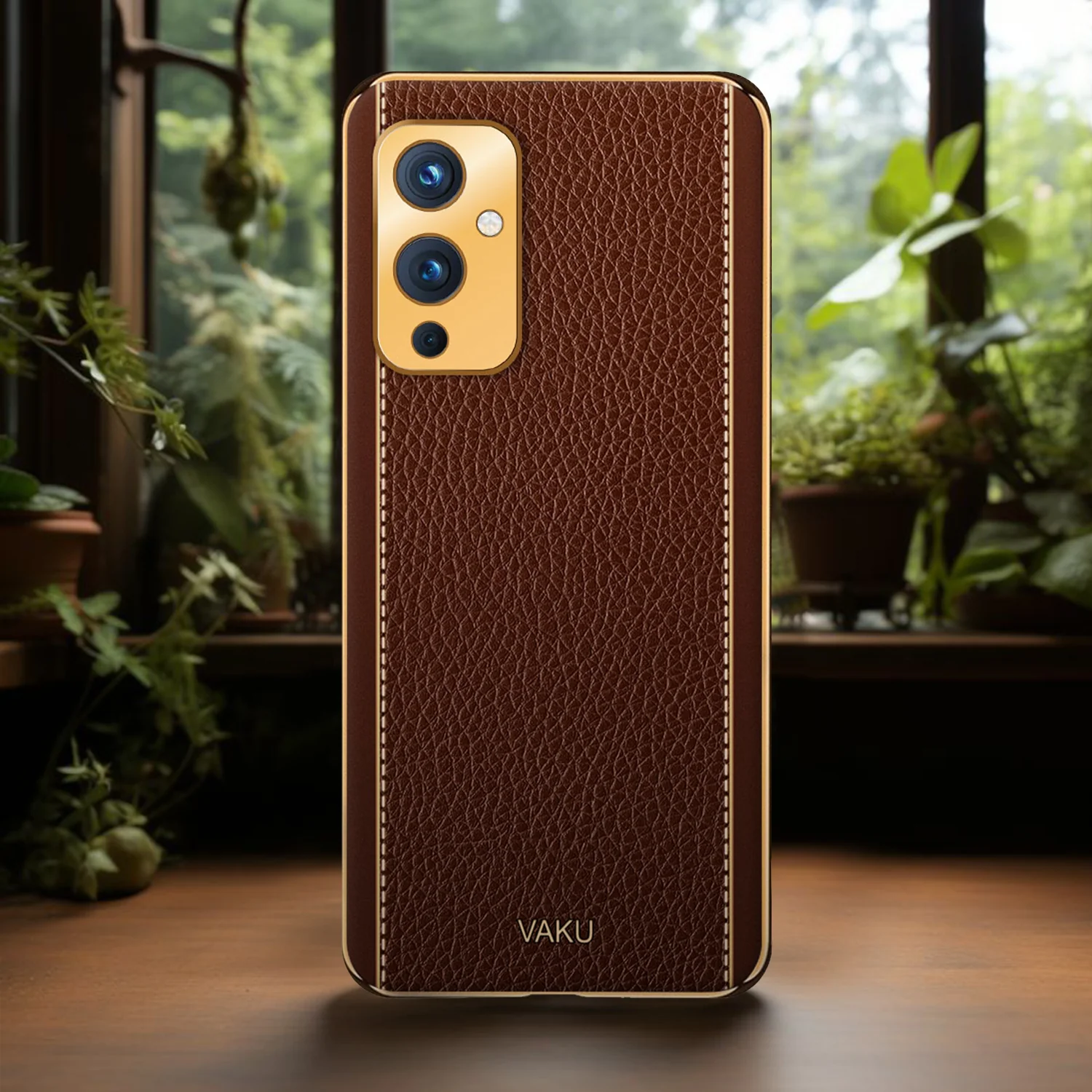 VakuĀ® OnePlus 9 Luxemberg Series Leather Stitched Gold Electroplated Soft TPU Back Cover - Image 10