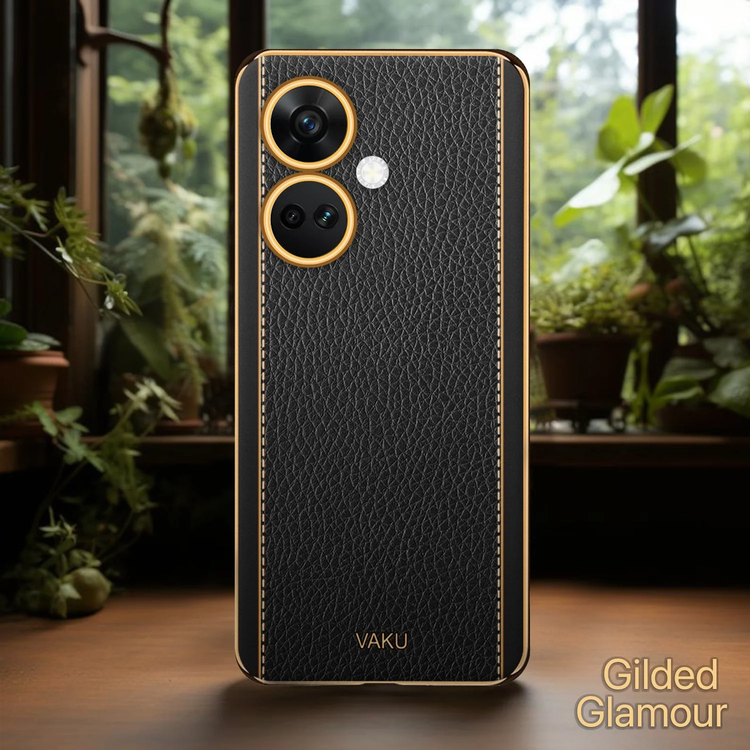 Vaku® OnePlus Nord CE 3 5G Luxemberg Series Leather Stitched Gold Electroplated Soft TPU Back Cover - Image 7