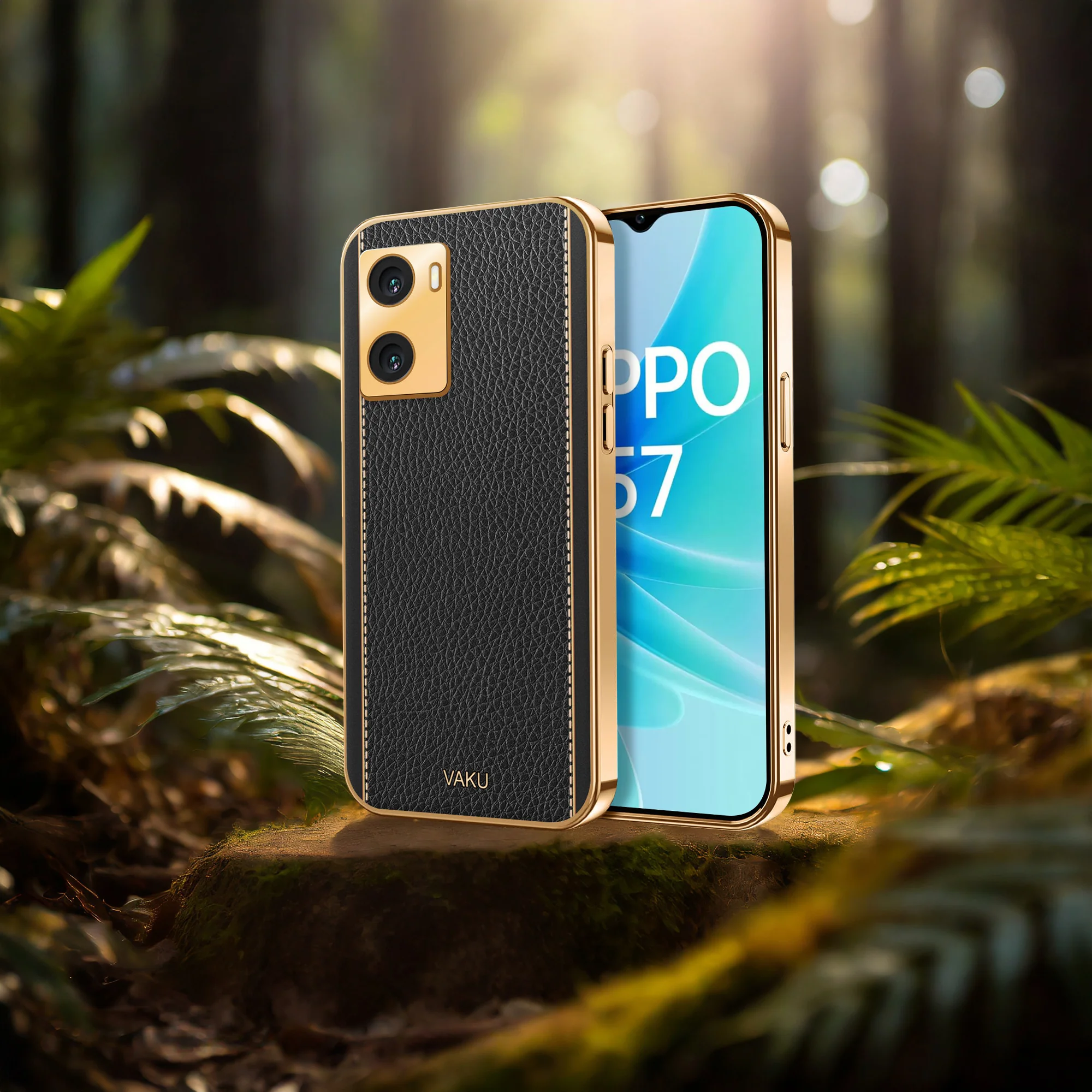 VakuĀ® Oppo A57 Luxemberg Series Leather Stitched Gold Electroplated Soft TPU Back Cover - Image 5