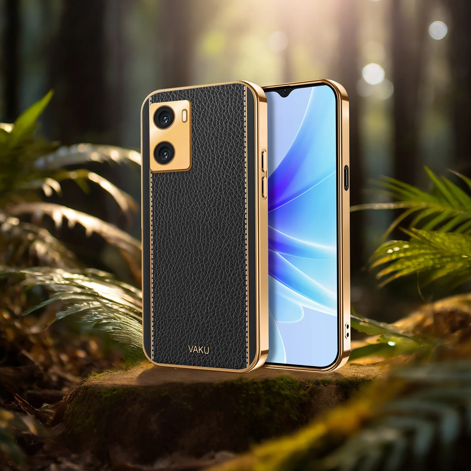 VakuĀ® Oppo A77 4G Luxemberg Series Leather Stitched Gold Electroplated Soft TPU Back Cover - Image 10