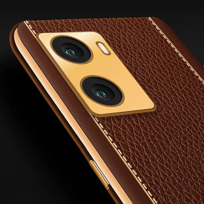 VakuĀ® Oppo A77 4G Luxemberg Series Leather Stitched Gold Electroplated Soft TPU Back Cover - Image 2