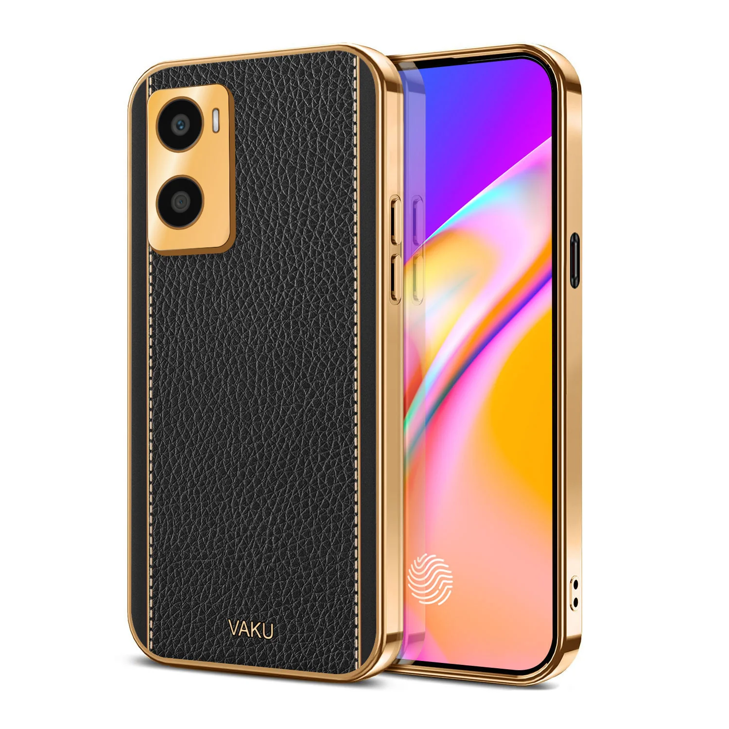 Vaku® Oppo A96 Luxemberg Series Leather Stitched Gold Electroplated Soft TPU Back Cover - Image 7