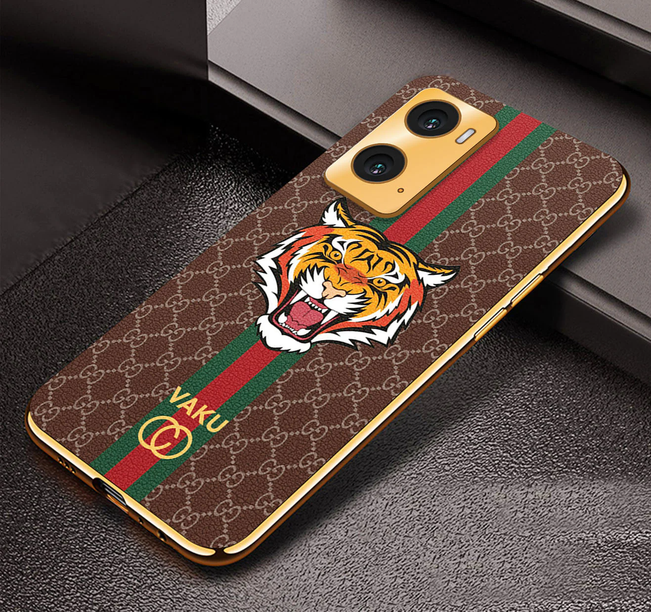 VakuĀ® Oppo A96 Lynx Designer Leather Pattern Gold Electroplated Soft TPU Back Cover Case - Image 5