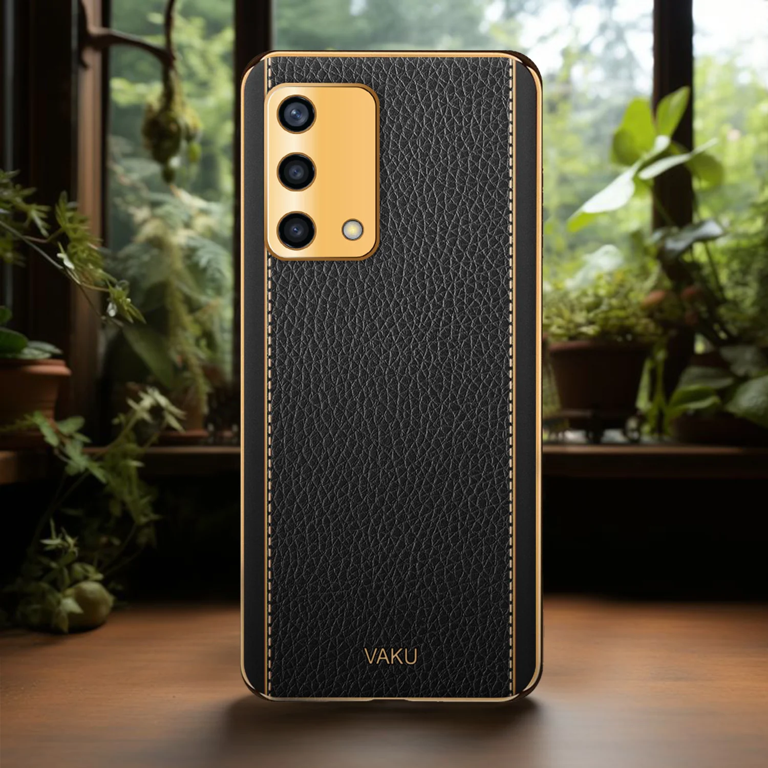 VakuĀ® Oppo F19s Luxemberg Series Leather Stitched Gold Electroplated Soft TPU Back Cover - Image 11