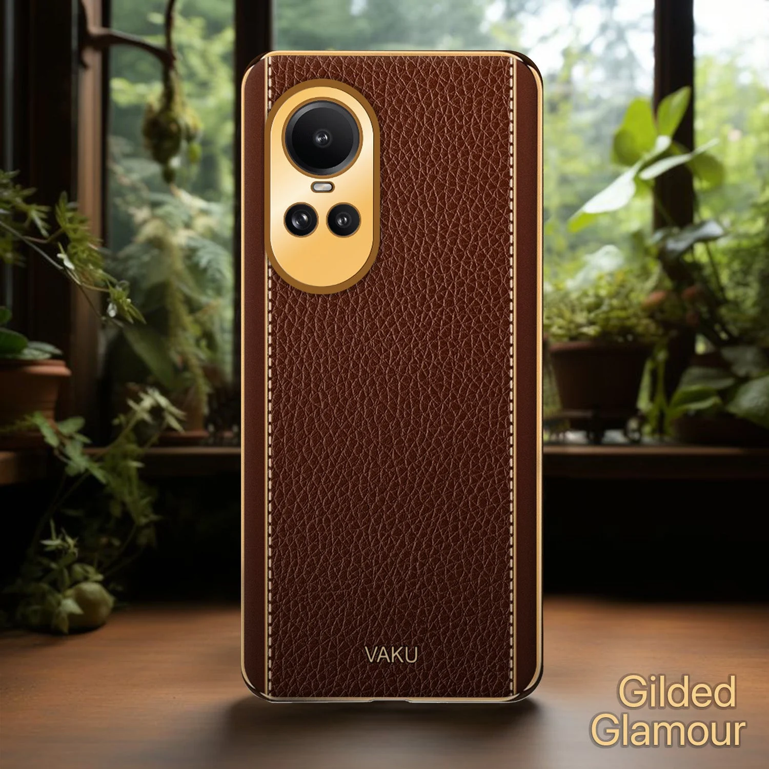 VakuĀ® Oppo Reno10 Pro 5G Luxemberg Leather Pattern Gold Electroplated Soft TPU Back Cover - Image 4