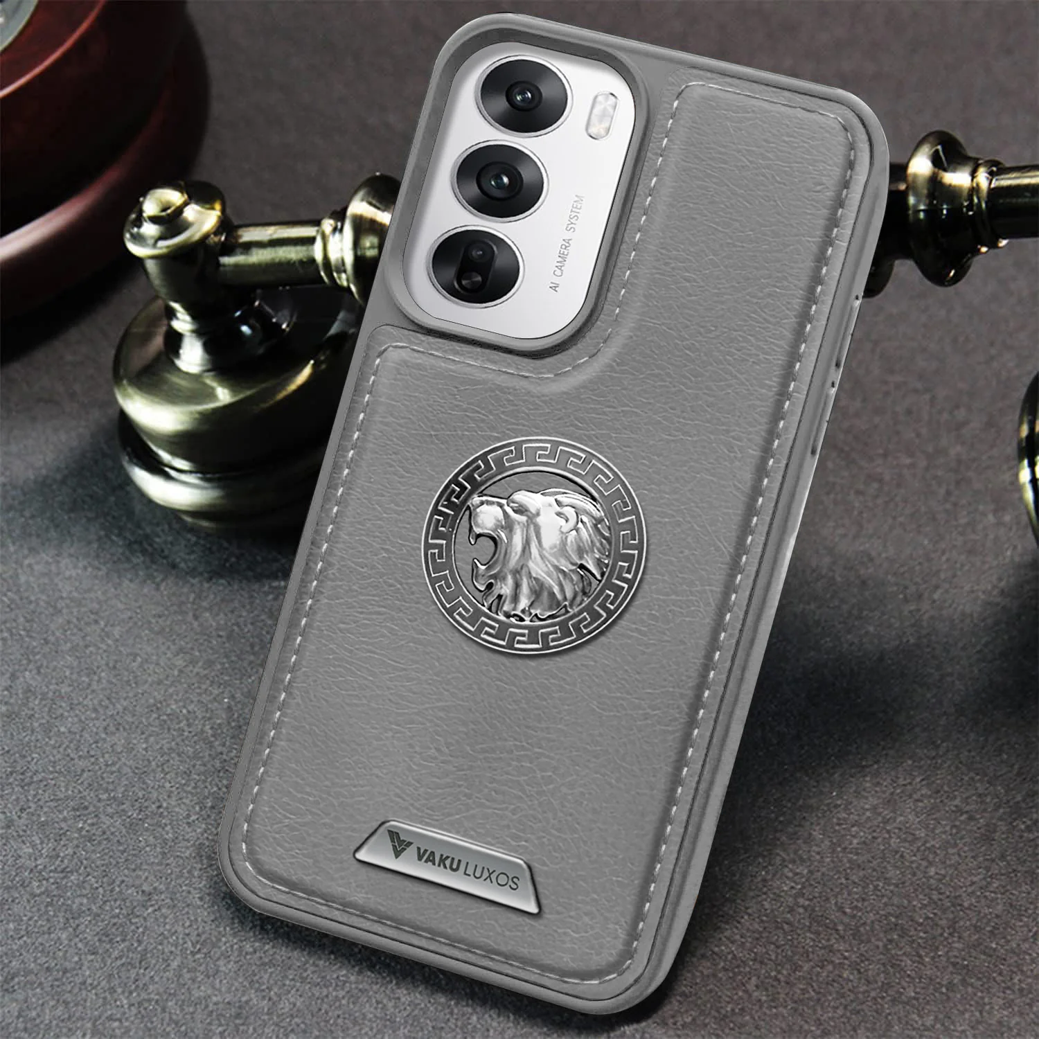 Vaku ® Oppo Reno12 5G Regal Shield Metal Lion Engraved Leather Back Cover - Image 10
