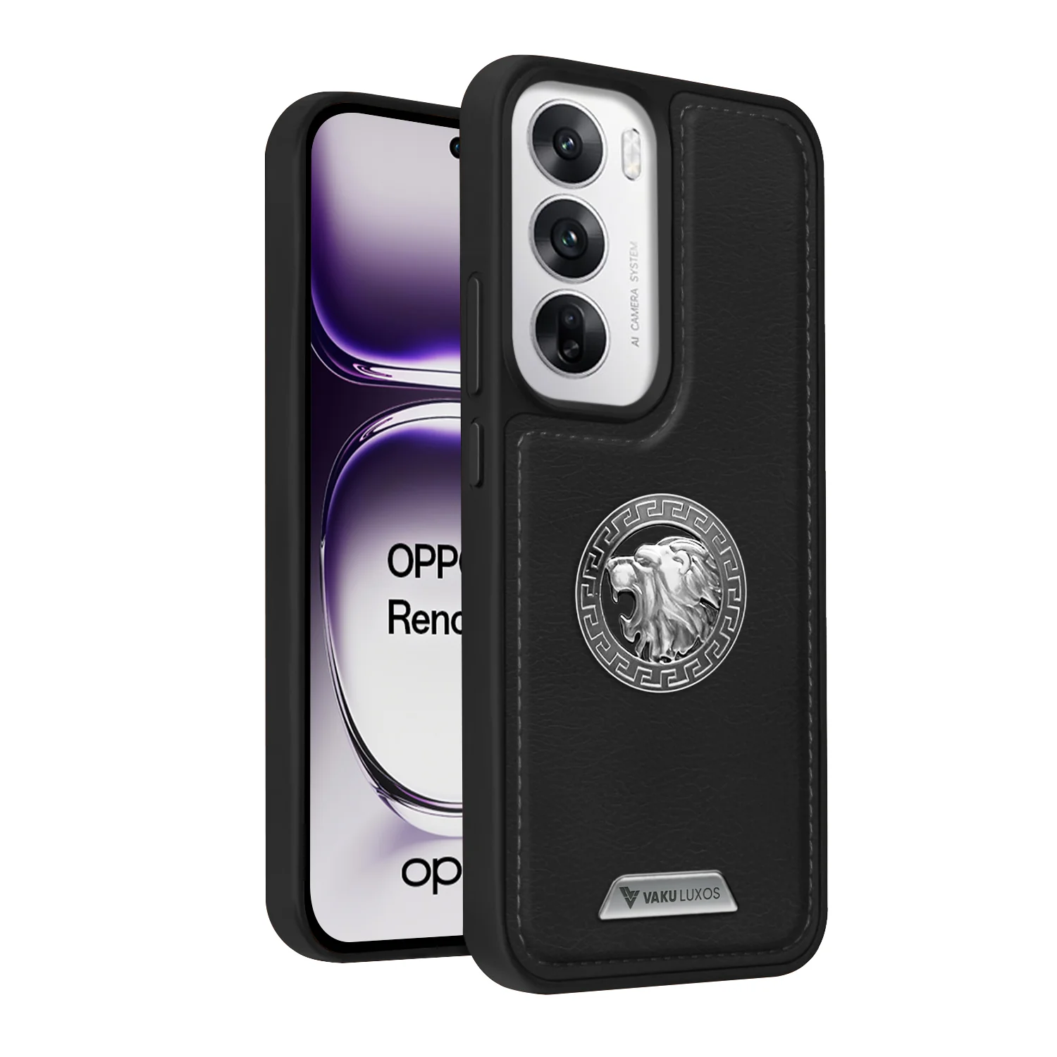 Vaku ® Oppo Reno12 5G Regal Shield Metal Lion Engraved Leather Back Cover - Image 2