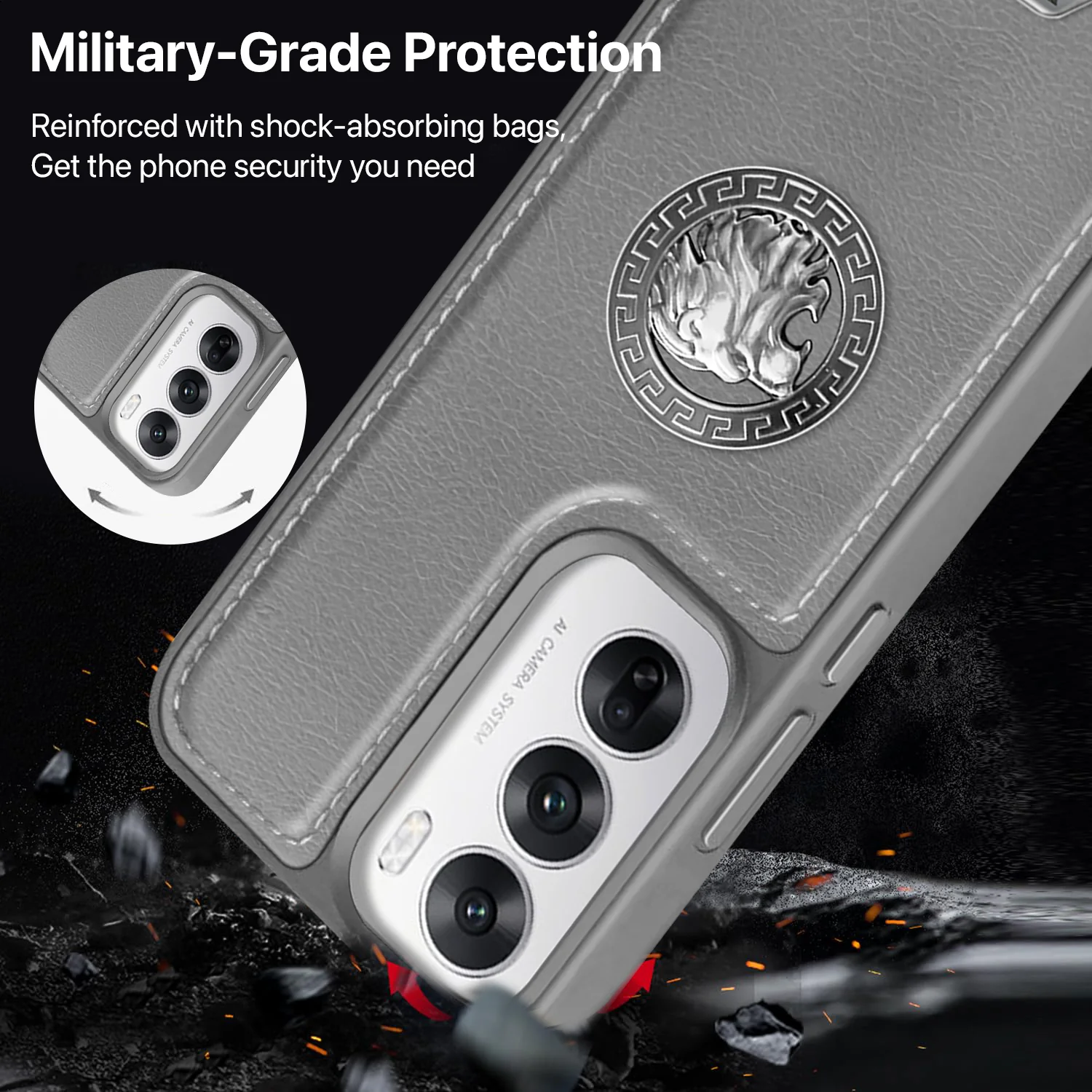 Vaku ® Oppo Reno12 Pro Regal Shield Metal Lion Engraved Leather Back Cover - Image 4