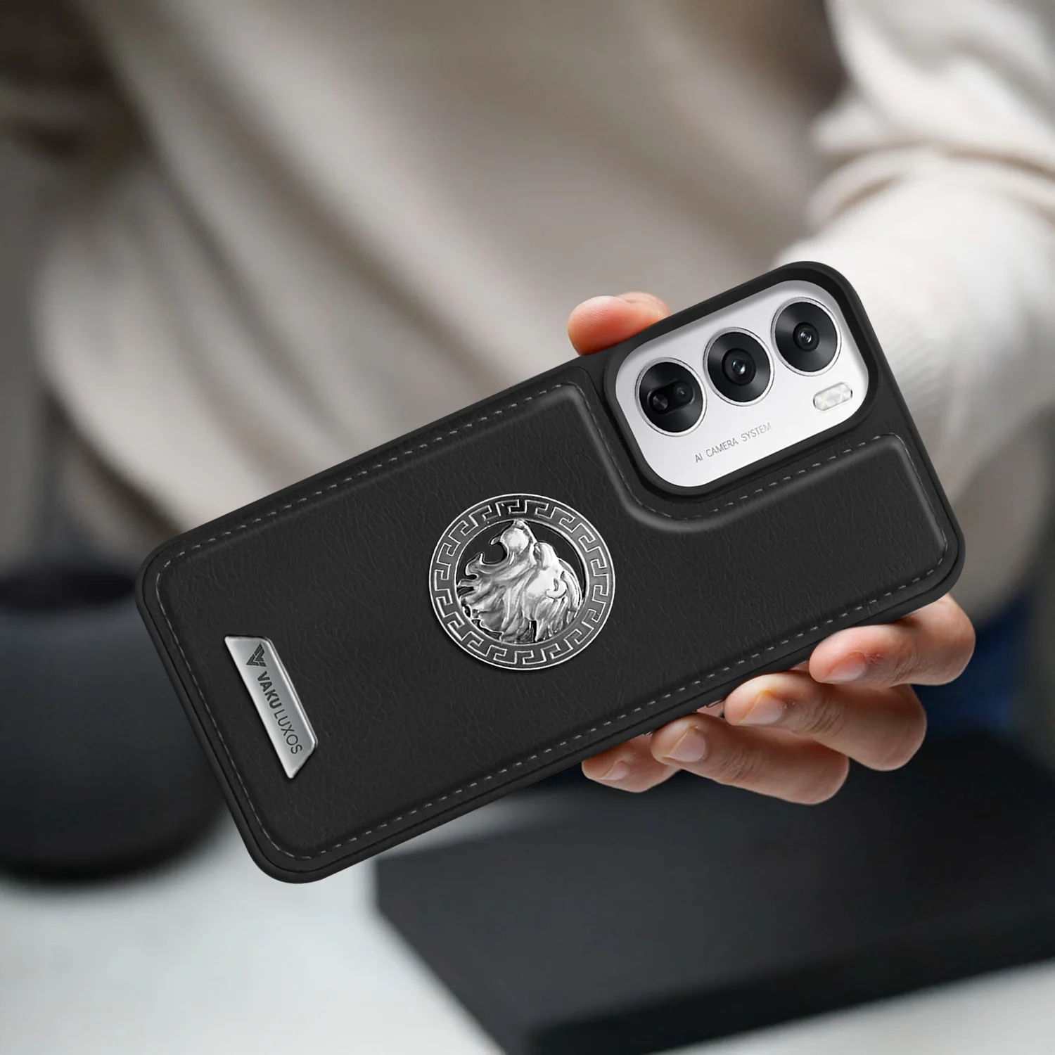 Vaku ® Oppo Reno12 Pro Regal Shield Metal Lion Engraved Leather Back Cover - Image 5