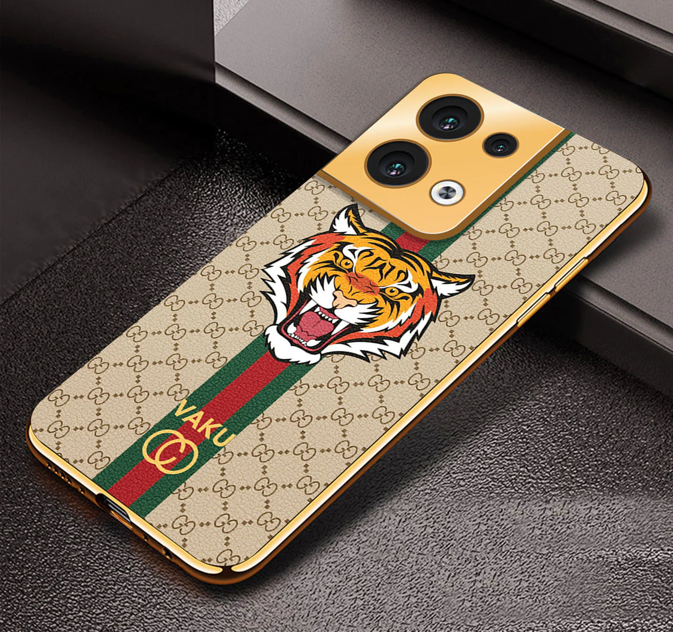 VakuĀ® Oppo Reno8 5G Lynx Designer Leather Pattern Gold Electroplated Soft TPU Back Cover Case