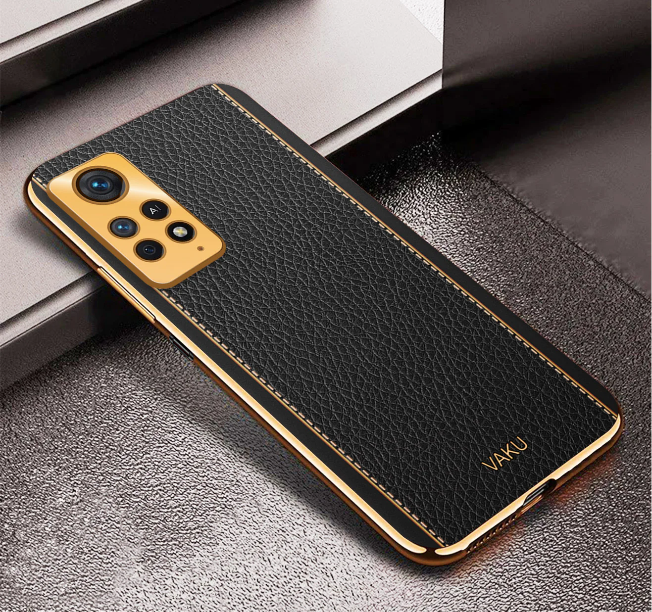 VakuĀ® Redmi Note 11 Pro Luxemberg Series Leather Stitched Gold Electroplated Soft TPU Back Cover - Image 5