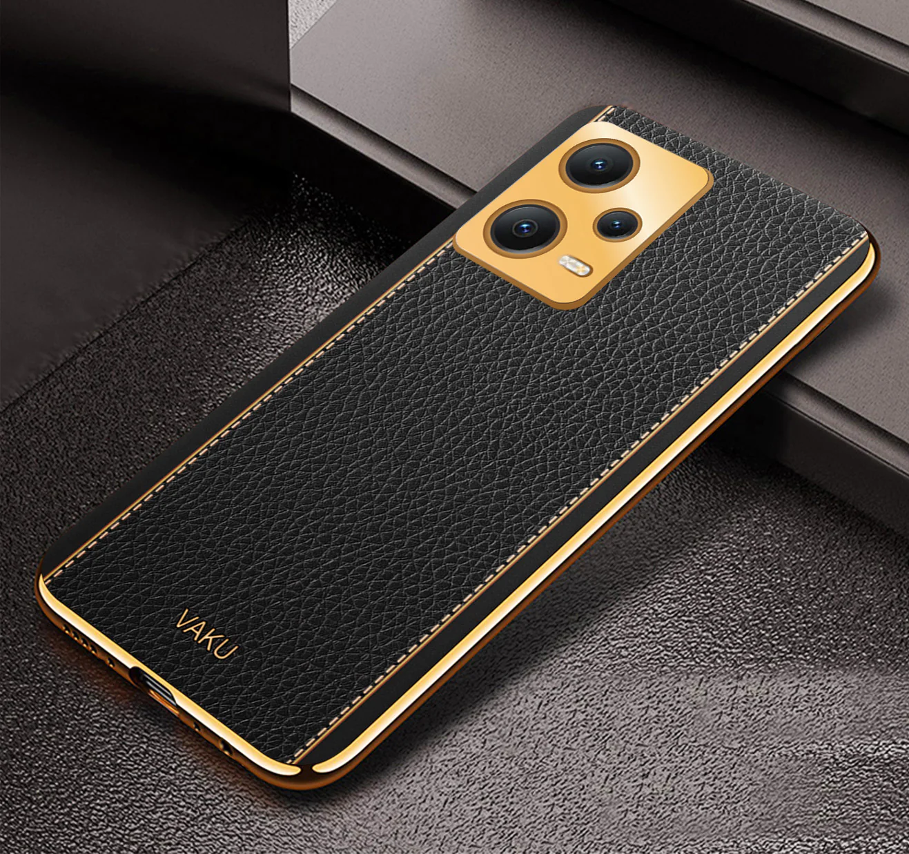 VakuĀ® Redmi Note 12 Pro Plus 5G Luxemberg Series Leather Stitched Gold Electroplated Soft TPU Back Cover - Image 3