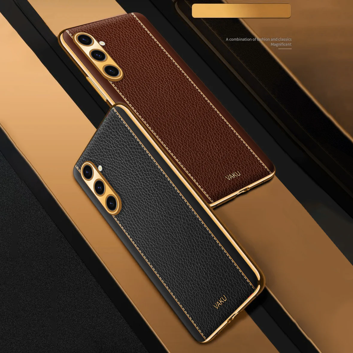 Vaku® Samsung Galaxy A04s Luxemberg Series Leather Stitched Gold Electroplated Soft TPU Back Cover - Image 6