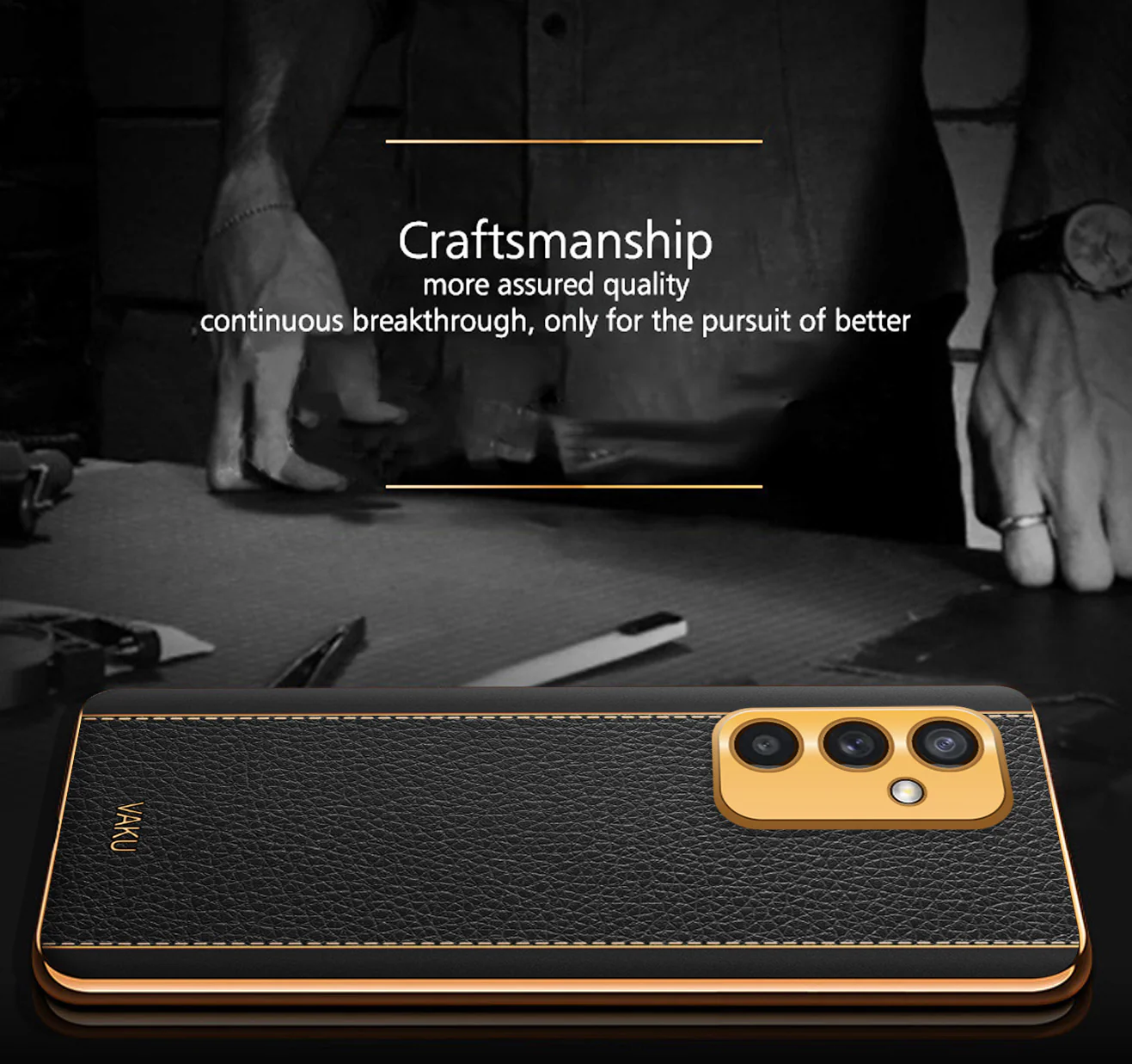 Vaku® Samsung Galaxy A14 Luxemberg Series Leather Stitched Gold Electroplated Soft TPU Back Cover - Image 5