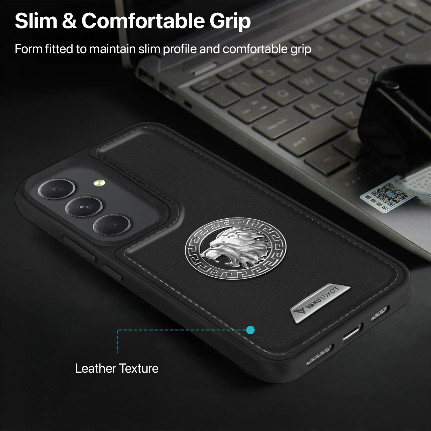 Vaku ® Samsung Galaxy A34 5G Regal Shield Metal Lion Engraved Leather Back Cover - Image 6