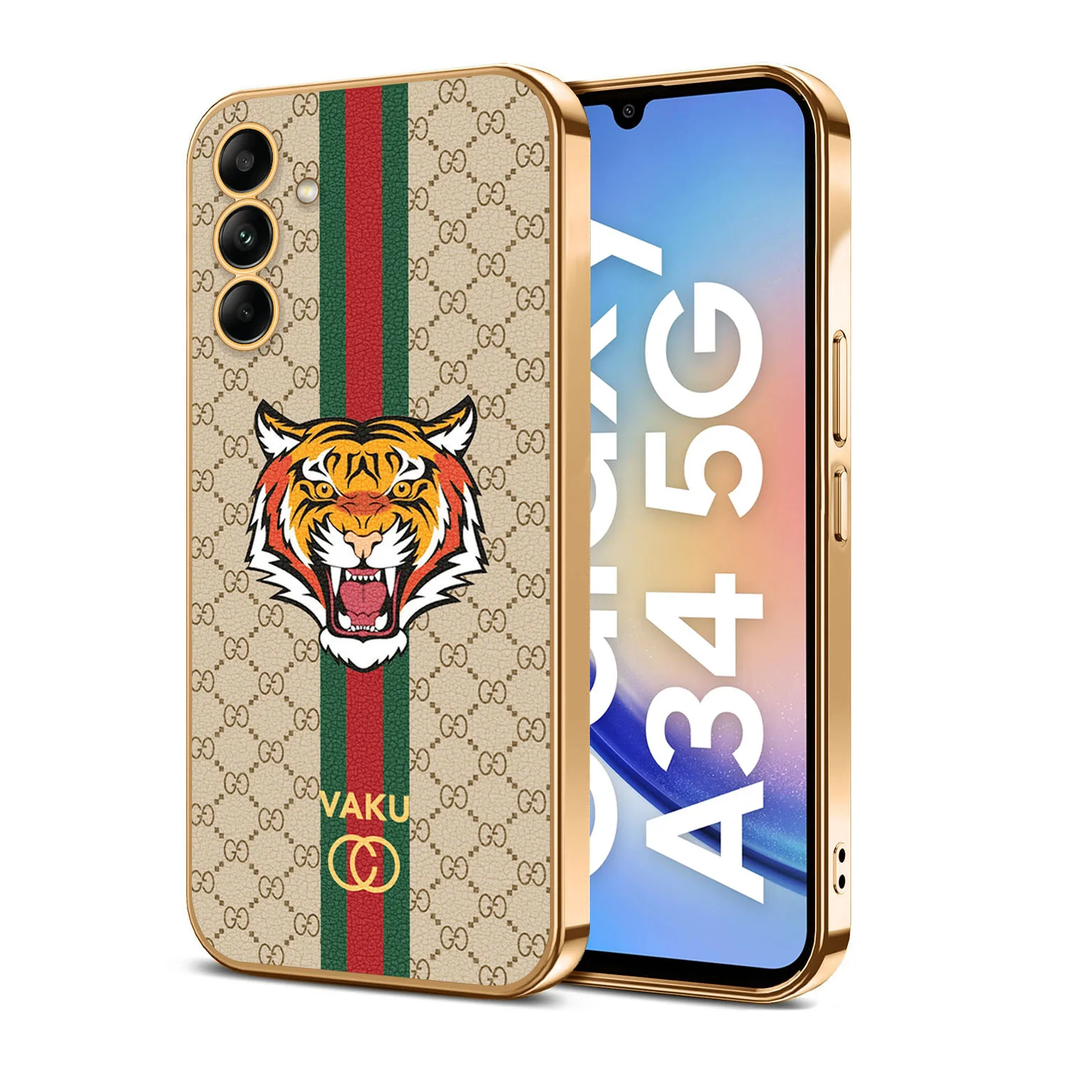 VakuĀ® Samsung Galaxy A34 Lynx Leather Stitched Gold Electroplated Soft TPU Back Cover Case - Image 8