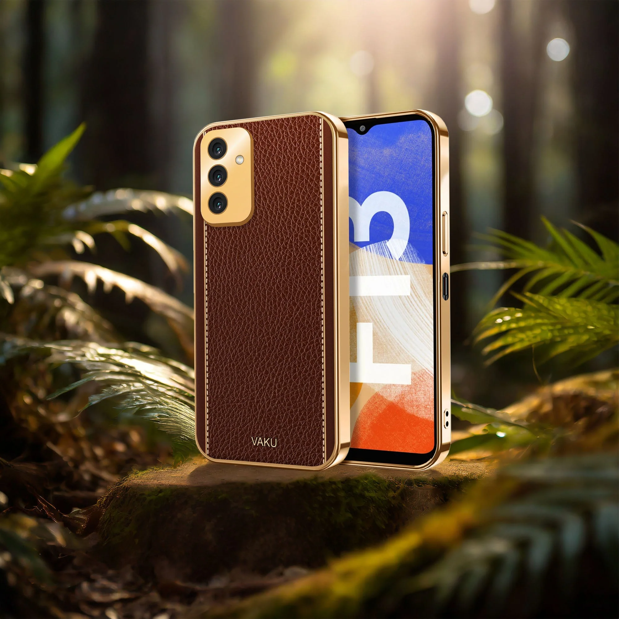 VakuĀ® Samsung Galaxy F13 Luxemberg Series Leather Stitched Gold Electroplated Soft TPU Back Cover - Image 7