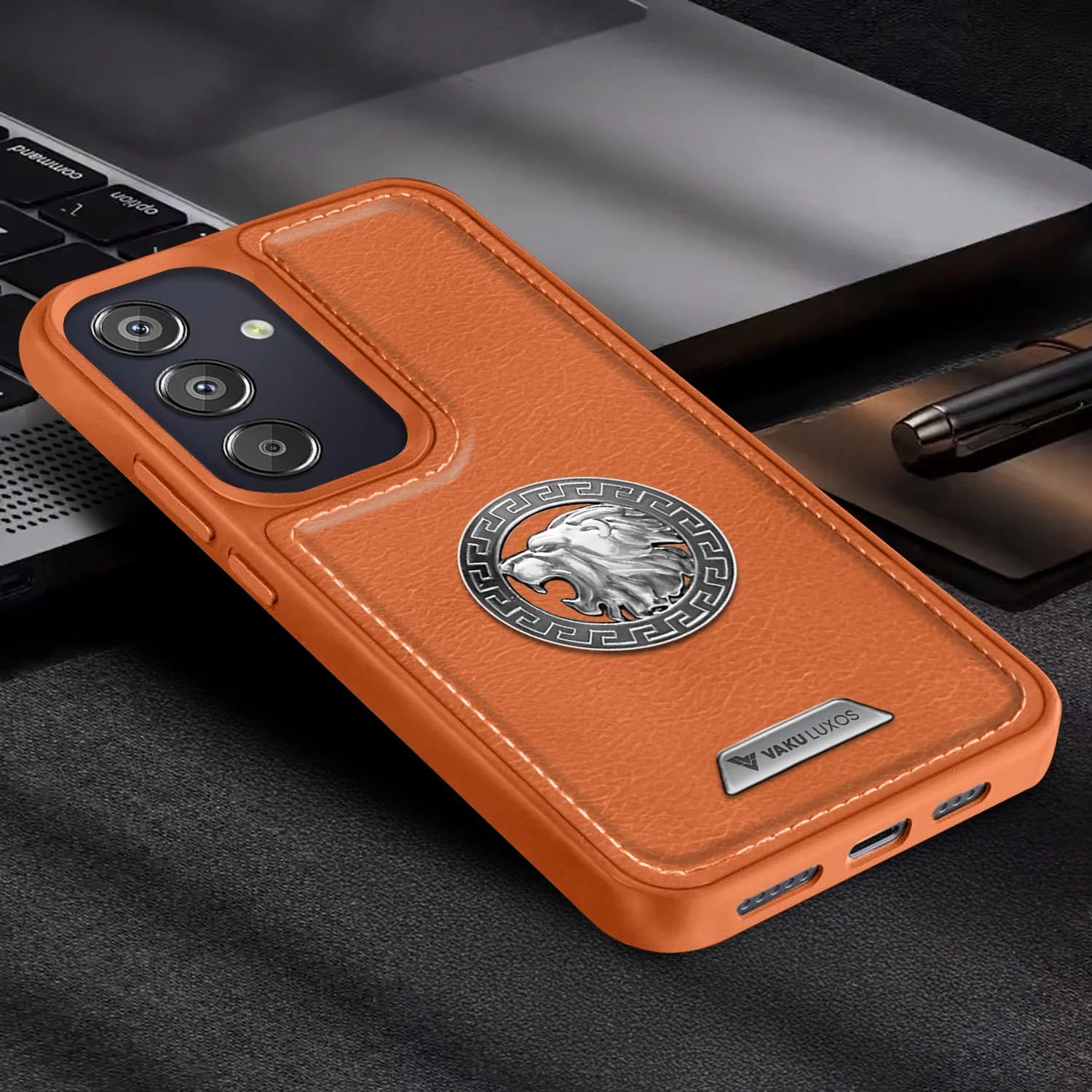 Vaku ® Samsung Galaxy F15 5G Regal Shield Metal Lion Engraved Leather Back Cover - Image 10