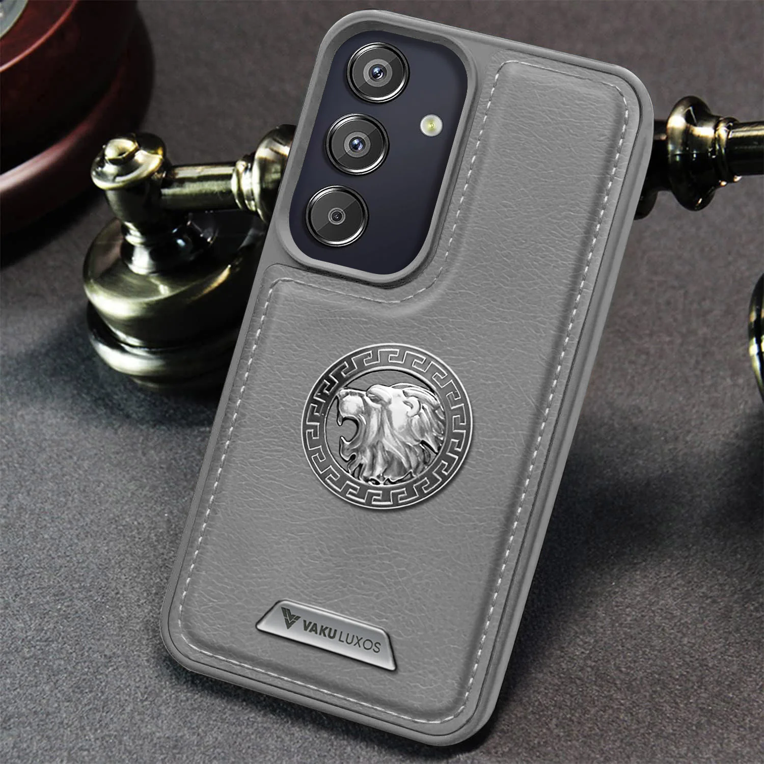 Vaku ® Samsung Galaxy F15 5G Regal Shield Metal Lion Engraved Leather Back Cover - Image 9