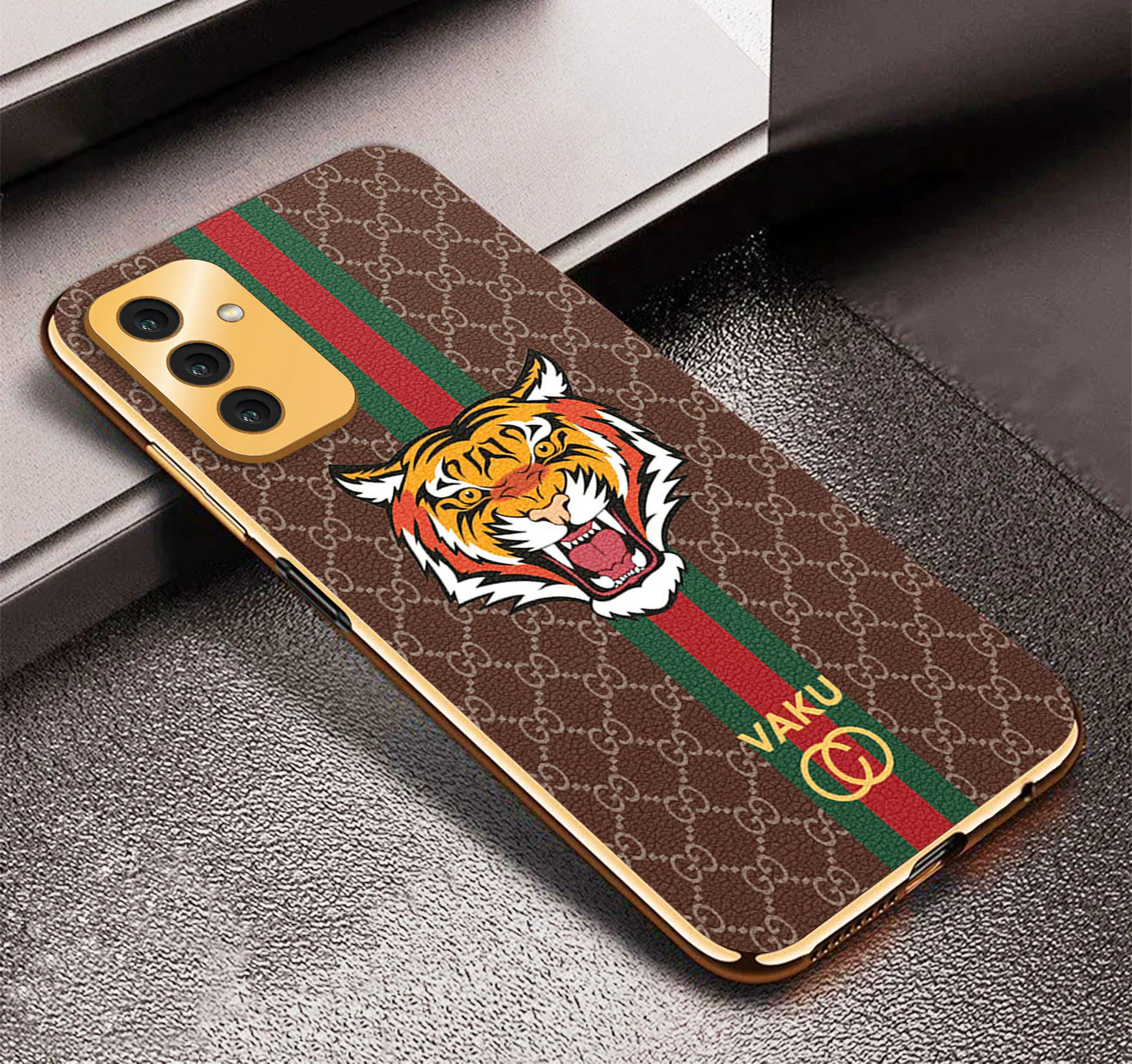 VakuĀ® Samsung Galaxy F23 Lynx Line Leather Stitched Gold Electroplated Soft TPU Back Cover Case - Image 11