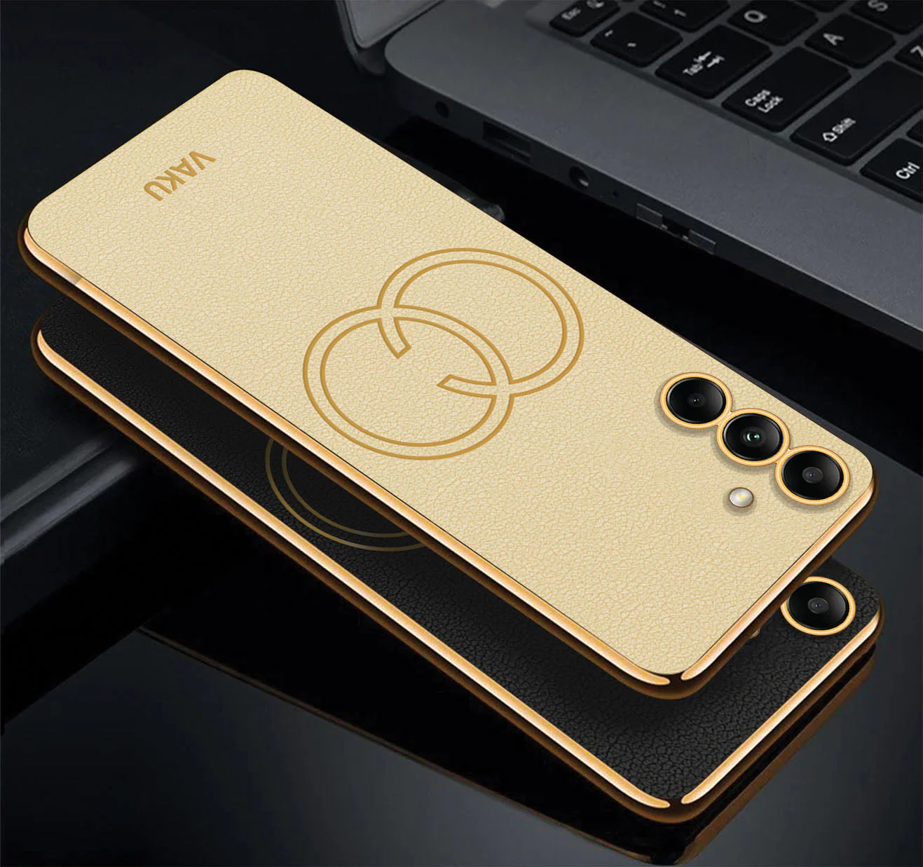 VakuĀ® Samsung Galaxy M14 5G Skylar Leather Pattern Gold Electroplated Soft TPU Back Cover - Image 2