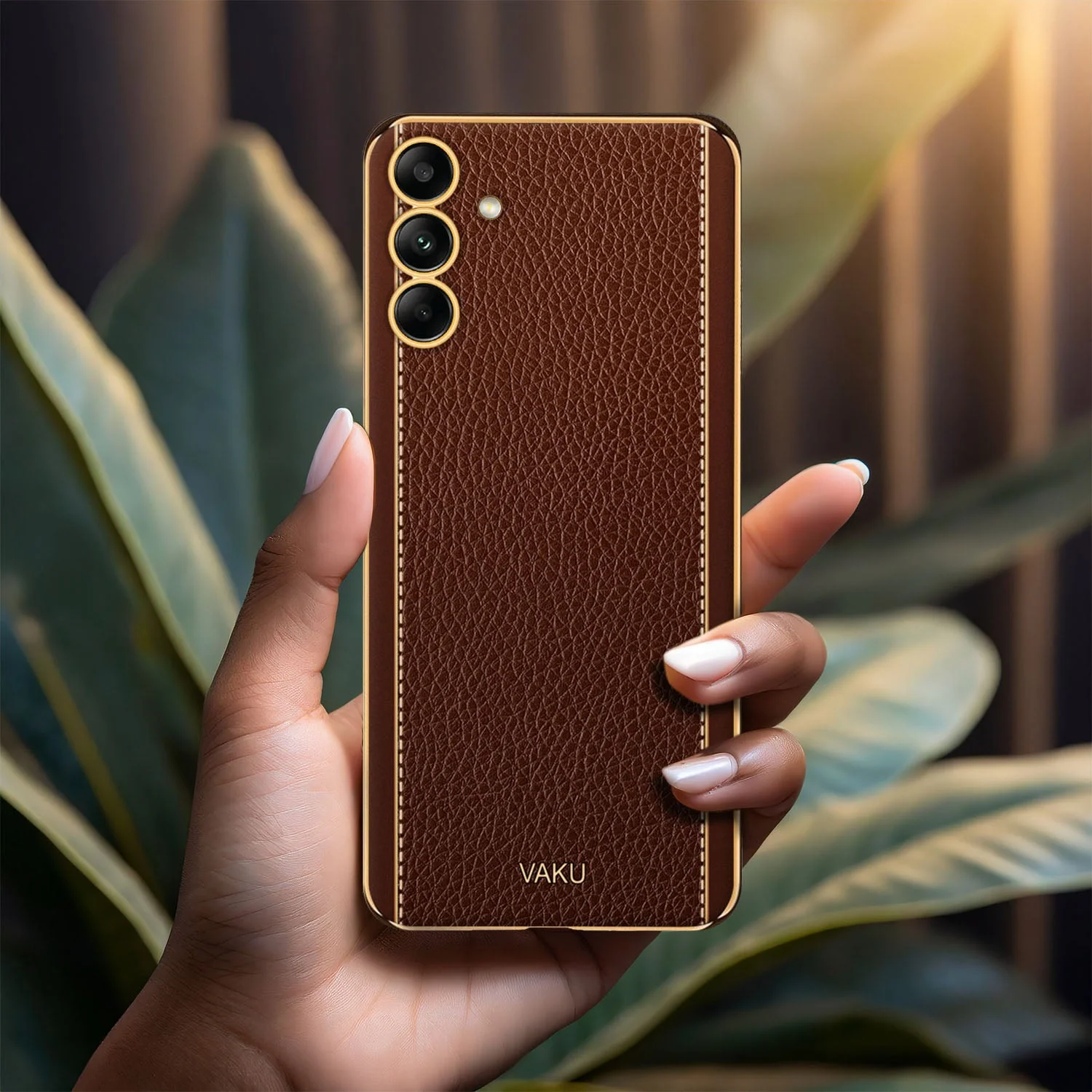 Vaku ® Samsung Galaxy M34 5G Luxemberg Leather Pattern Gold Electroplated Soft TPU Back Cover - Image 5
