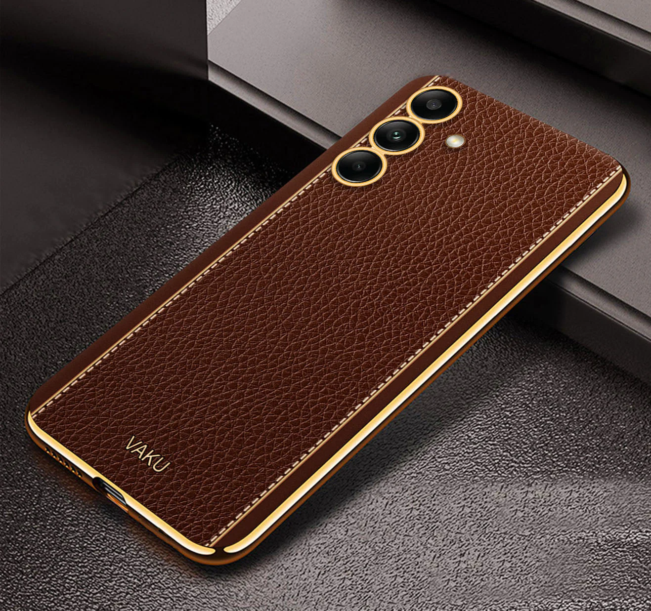 Vaku ® Samsung Galaxy M34 5G Luxemberg Leather Pattern Gold Electroplated Soft TPU Back Cover - Image 7