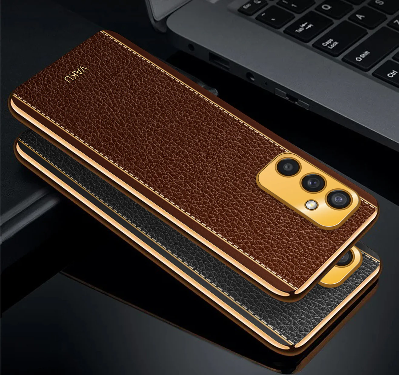 VakuĀ® Samsung Galaxy M52 5G Luxemberg Series Leather Stitched Gold Electroplated Soft TPU Back Cover - Image 3