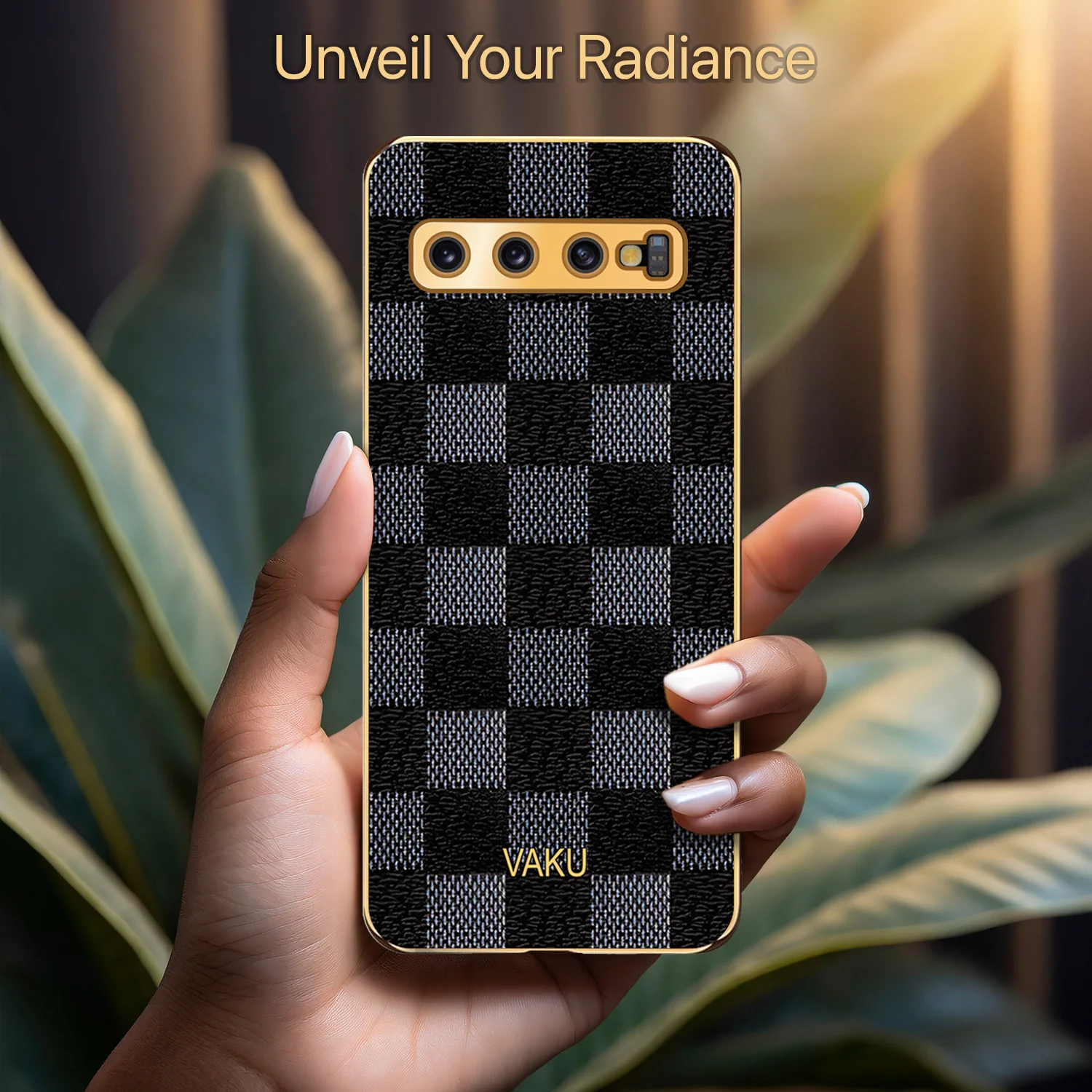 Vaku® Samsung Galaxy S10 Plus Cheron Series Leather Stitched Gold Electroplated Soft TPU Back Cover - Image 4