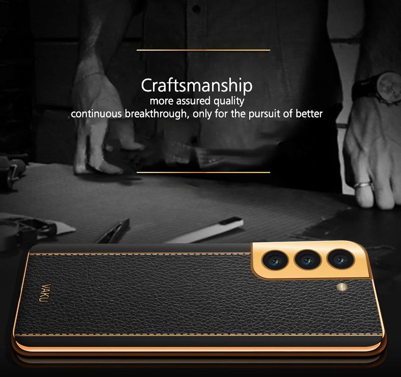 VakuĀ® Samsung Galaxy S21 FE 5G Luxemberg Series Leather Stitched Gold Electroplated Soft TPU Back Cover - Image 6