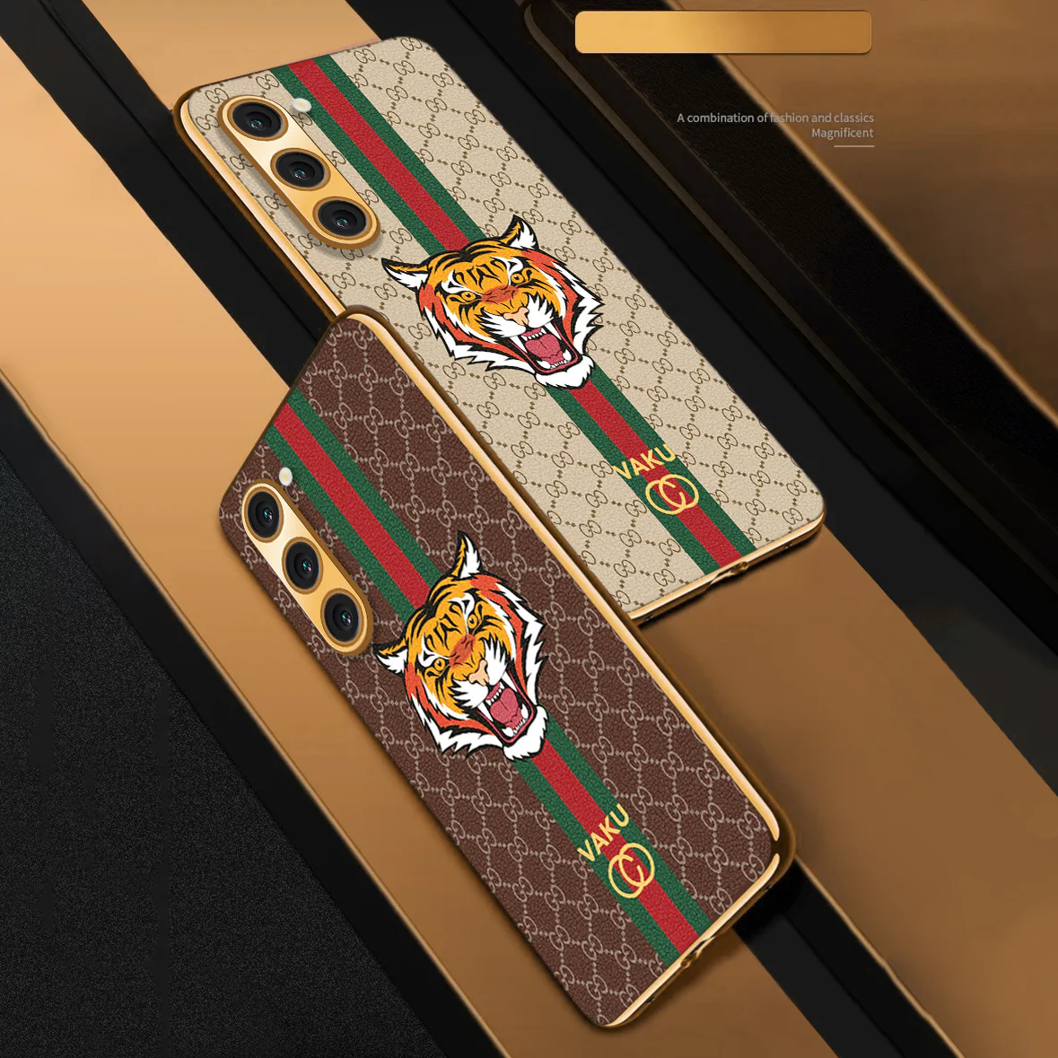 Vaku ® Samsung Galaxy S22 Plus Lynx Leather Stitched Gold Electroplated Soft TPU Back Cover Case - Image 3
