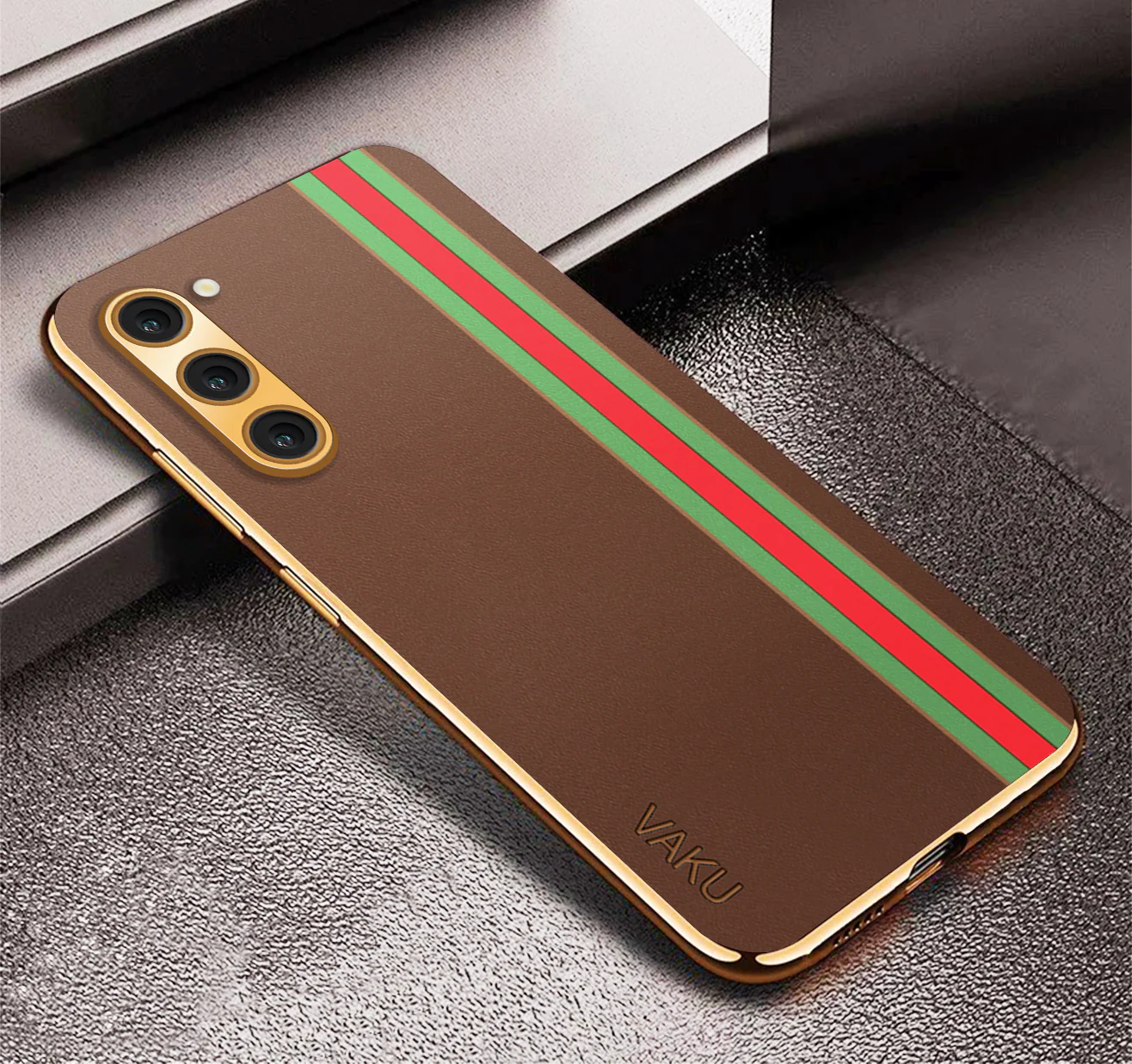 Vaku ® Samsung Galaxy S23 Felix Line Leather Stitched Gold Electroplated Soft TPU Back Cover Case - Image 11