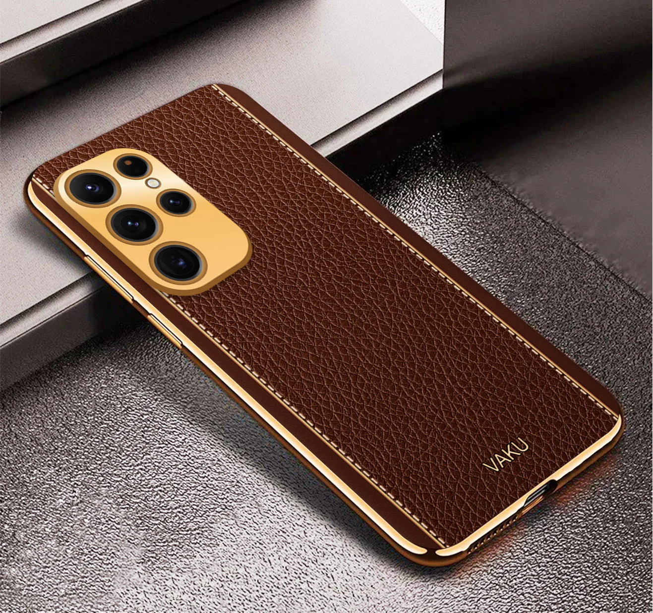 Vaku® Samsung Galaxy S23 Ultra Luxemberg Series Leather Stitched Gold Electroplated Soft TPU Back Cover - Image 11