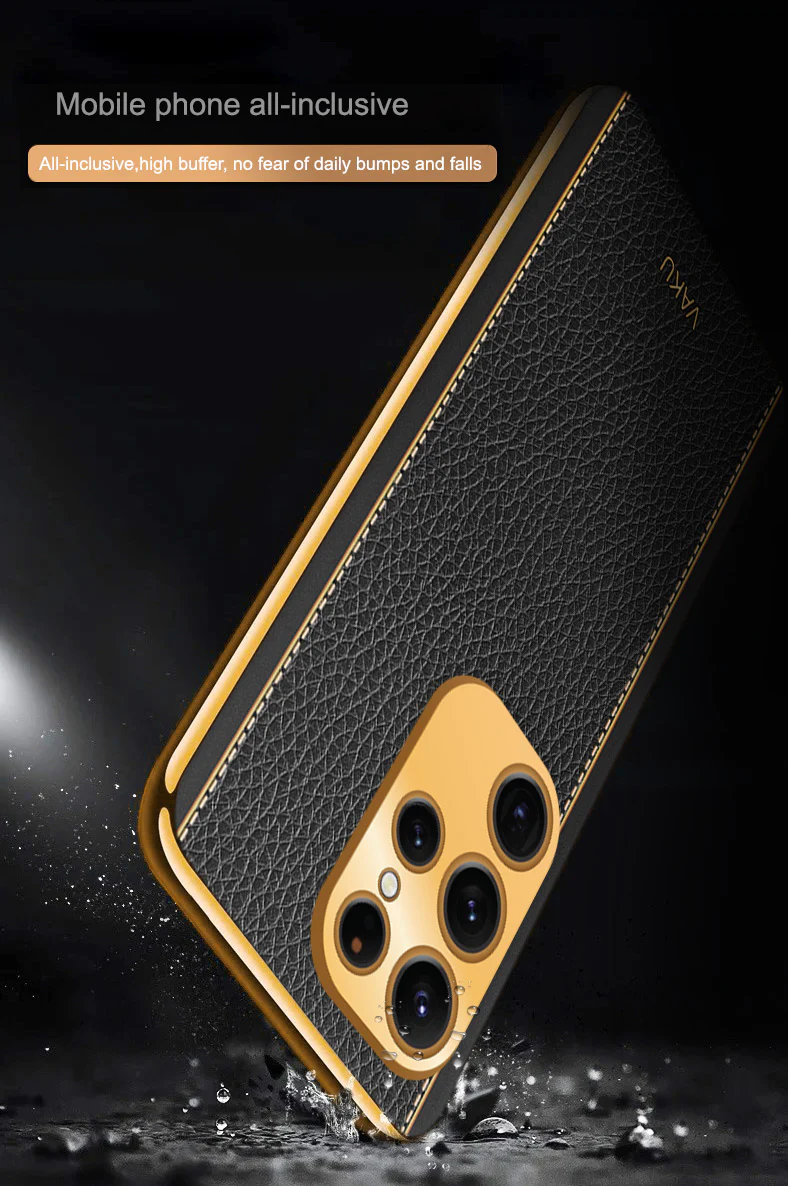 Vaku® Samsung Galaxy S23 Ultra Luxemberg Series Leather Stitched Gold Electroplated Soft TPU Back Cover - Image 13