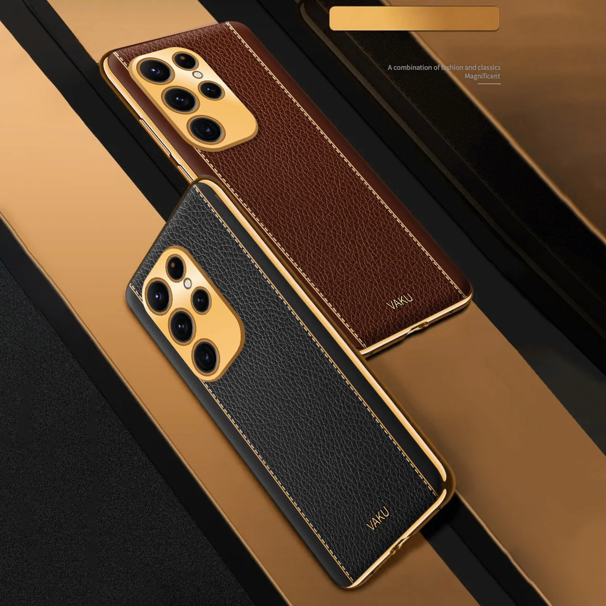 Vaku® Samsung Galaxy S23 Ultra Luxemberg Series Leather Stitched Gold Electroplated Soft TPU Back Cover - Image 6