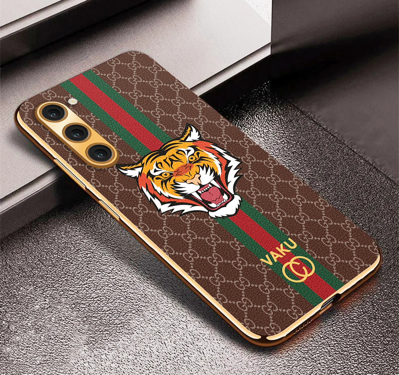 VakuĀ® Samsung Galaxy S23 Plus Lynx Leather Stitched Gold Electroplated Soft TPU Back Cover Case - Image 10