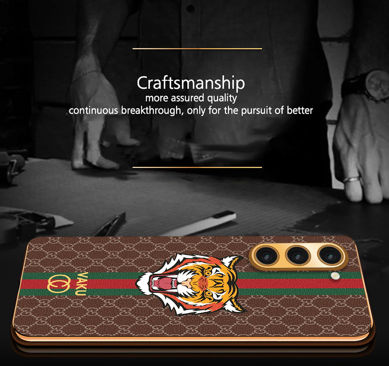 VakuĀ® Samsung Galaxy S23 Plus Lynx Leather Stitched Gold Electroplated Soft TPU Back Cover Case - Image 11