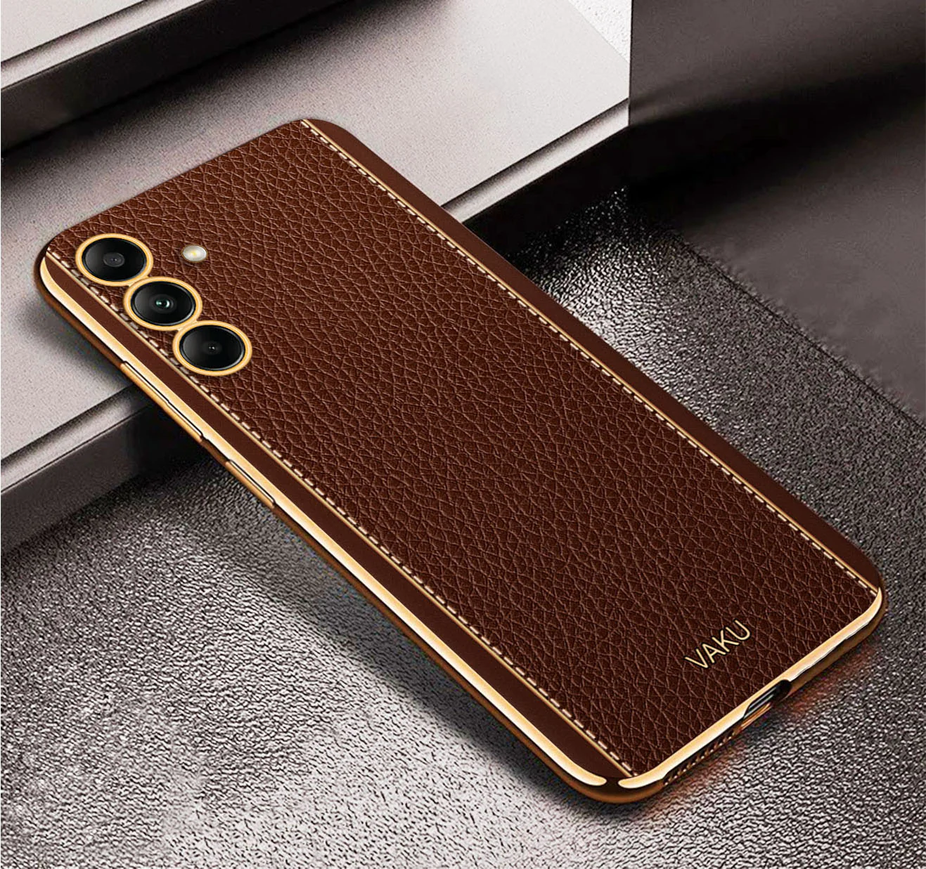 Vaku® Samsung Galaxy S24 Plus Luxemberg Leather Pattern Gold Electroplated Soft TPU Back Cover - Image 10