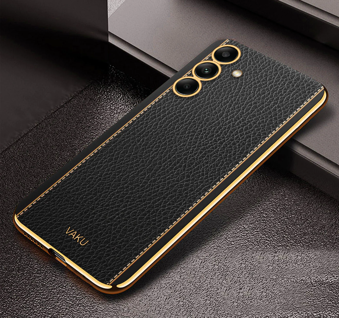 Vaku® Samsung Galaxy S24 Plus Luxemberg Leather Pattern Gold Electroplated Soft TPU Back Cover - Image 2