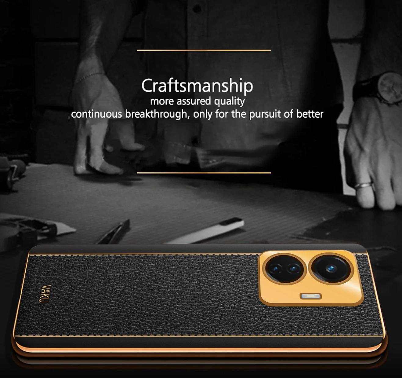VakuĀ® Vivo T1 4G Luxemberg Series Leather Stitched Gold Electroplated Soft TPU Back Cover - Image 4
