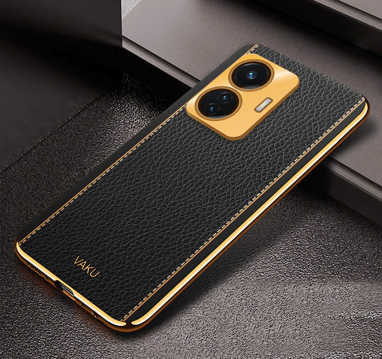 VakuĀ® Vivo T1 4G Luxemberg Series Leather Stitched Gold Electroplated Soft TPU Back Cover - Image 9