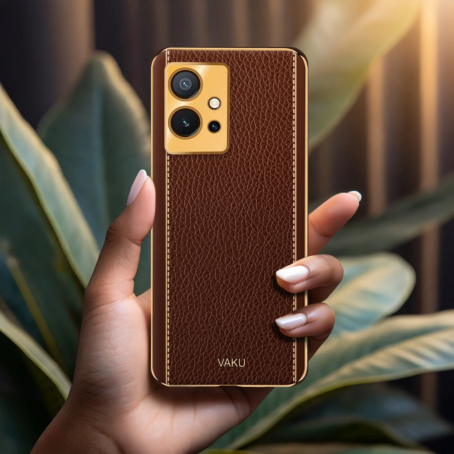 VakuĀ® Vivo T1 5G Luxemberg Series Leather Stitched Gold Electroplated Soft TPU Back Cover - Image 12